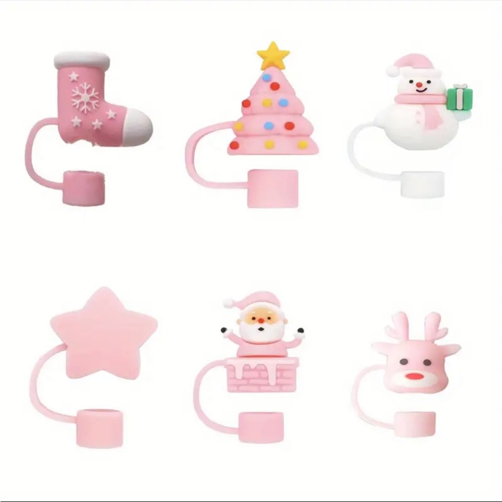 Christmas Pinkmas Pink Reusable Straw Toppers Bundle of 6 Pieces